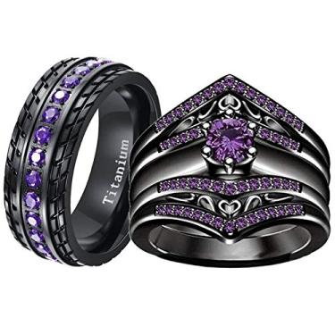 Imagem de ringheart 2 anéis pretos para ele e para ela anéis para casal, zircônia cúbica roxa, 3 peças, conjunto de alianças de casamento masculinas de aço de titânio
