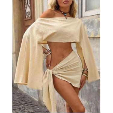 Imagem de Conjunto Feminino Verão Saia de Amarrar e Blusa Ombro Só Moda Praia - 