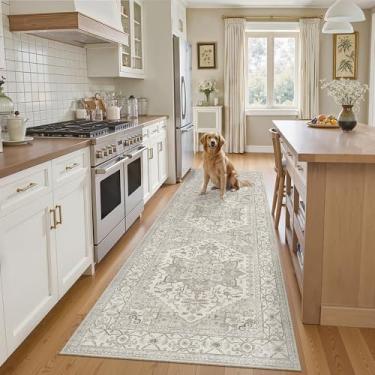 Imagem de Madane Tapete de corredor 6 x 20 cm, tapetes de corredor estampados vintage laváveis macios antiderrapantes de pelo baixo, 8 x 2,4 m, corredores para corredores, tapete de lavanderia, bege/marrom