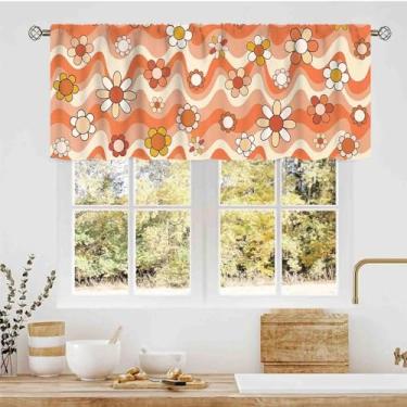 Imagem de TKUYO Cortinas de cozinha descoladas, retrô, vintage, onda dos anos 70, floral, hippie, boêmio, trapézio, moderno, esthetric, bolso para varão, pequena para janela, para café, sala de estar, quarto