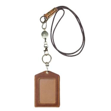 Imagem de Porta-crachá de identificação de couro genuíno com cordão e carretel retrátil, suporte de identificação vertical de couro de grão superior e cordão, chaveiro de metal dourado (marrom)