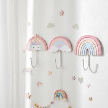 Imagem de AceOrbit 3 peças de ganchos de parede arco-íris cabides de parede de unicórnio rosa cremalheira de berçário suporte de arte arco-íris para decoração de quarto de crianças
