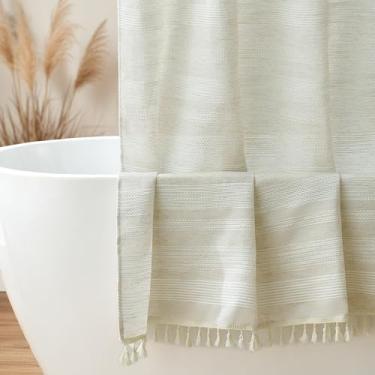 Imagem de Siiluminisoy Cortina de chuveiro neutra cortina de chuveiro de linho para banheiro cortinas de chuveiro de tecido listrado rústico 72 x 96