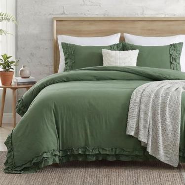 Imagem de Bedorm Jogo de cama boêmio Queen verde-oliva verde oliva chique, renda, franja, babados, supermacio, quente, casa de fazenda, conjunto de 3 peças