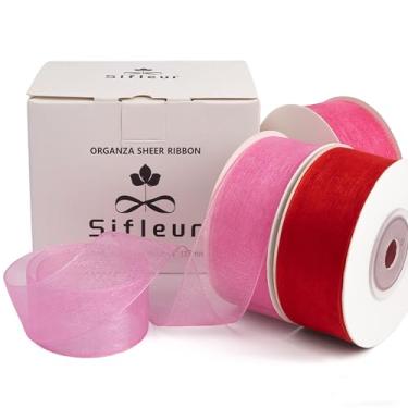 Imagem de Sifleur Fita de organza, rosa vermelho dia dos namorados, 2,5 cm x 1,8 m, fitas de tule transparentes feitas à mão para embrulhar, árvore de Natal, cartão de convite de casamento, aniversário