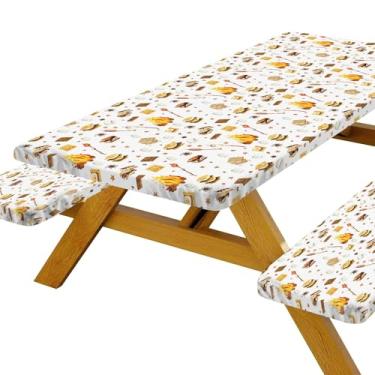 Imagem de DYNH S'Mores Capa de mesa de piquenique com capas de banco, decoração de festa temática de acampamento Bonfire, toalhas de mesa elásticas para mesas e assentos retangulares de 1,8 m, com bolsa de