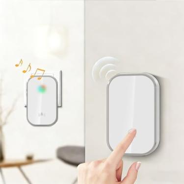 Imagem de Campainha sem fio, alcance de 300 cm, campainha à prova d'água com 38 sinos, 8 níveis de volume e luzes arco-íris, campainhas altas sem fio para sala de aula em casa, escritório, prata