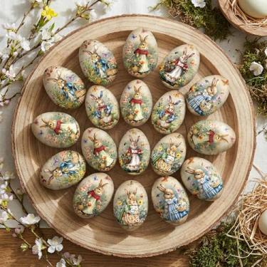 Imagem de Outus 18 peças de enfeites de ovo de páscoa vintage enfeite de pendurar ovos de Páscoa coloridos ornamentos decorativos de coelho para pendurar na árvore, primavera, casa de fazenda, lareira