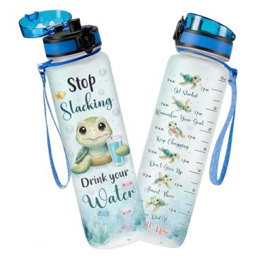 Imagem de GEPOSTORE Garrafa de água de hidratação de tartaruga fofa de 947 ml – Design motivacional marcador de tempo, com tampa e filtro, garrafa de plástico rígido durável para hidratação diária, presentes