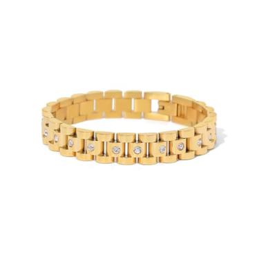 Imagem de RAIFIN Pulseira feminina banhada a ouro 18 K, pulseira de aço inoxidável com zircônia cúbica de dois tons, impermeável, não mancha, zircônia cúbica, presente de joia, 7 Inches, Aço inoxidável Aço