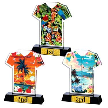 Imagem de Wesiti Troféu de camisa havaiana de 3 peças 12 x 9 cm acrílico Luau Party Awards para festas de verão havaianas eventos temáticos na praia competições verão festa tropical praia