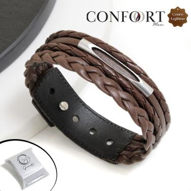 Imagem de Pulseira de Couro Masculina Ajustável Tubinho Trançada Marrom e Preto-Unissex