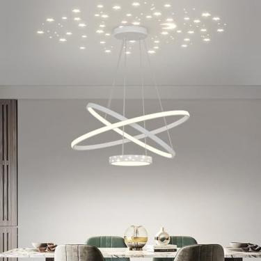 Imagem de Luminária pendente LED Modern Rings para sala de jantar, com céu estrelado, dimerizável, com controle remoto, altura ajustável, ideal para sala de estar, sala de jantar, cozinha e escritório