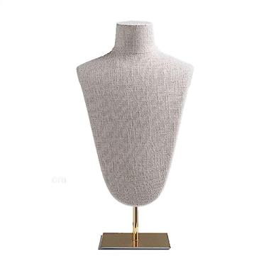 Imagem de Suporte de exibição de joias, busto de exibição de joias de linho, suporte de manequim para colar com base de metal - busto de colar para lojas de varejo e feiras de negócios, organizador de joias