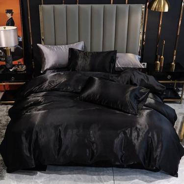 Imagem de Jogo De Cama Casal Comum Cetim Toque De Seda 7 Peças Preto