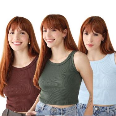 Imagem de Kit 3 Blusas Feminina Cropped Ribana Algodão Premium - 77VS LEVOSCH, V