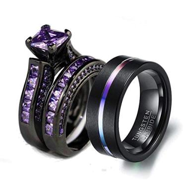 Imagem de Conjunto de alianças de casamento de carboneto de tungstênio masculino com anel de noivado para ele e ela com ouro preto preto e violeta, Zircônia, ouro, carboneto de tungstênio, Zircônia cúbica