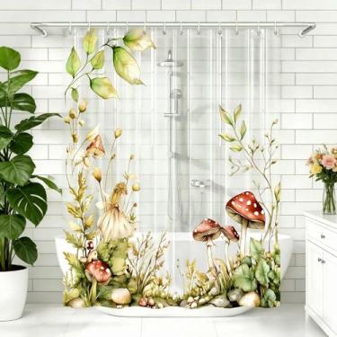Imagem de CAPQL Forro de cortina de chuveiro transparente de cogumelo, cortinas de chuveiro de anime EIF de plástico transparente para banheiro, conjunto de cortinas de chuveiro magnéticas para crianças 182 x
