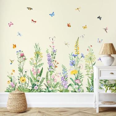 Imagem de Tanlaby Decalques de parede de flores silvestres primavera verão flor floral grama decalques de parede com borboleta verde planta adesivos descascar e colar decoração de parede para sala de estar
