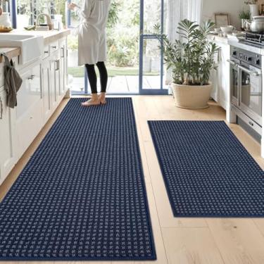 Imagem de Tapetes de cozinha, tapetes de cozinha antiderrapantes para piso grosso resistente a manchas, tapete de corredor para corredores, entrada, lavanderia, lavável (61 x 89 cm + 61 x 180 cm, azul marinho)