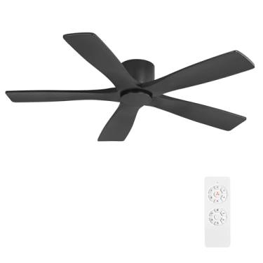 Imagem de WINGBO Ventiladores de teto CC de montagem embutida de 137 cm sem luzes, 5 lâminas de madeira maciça esculpida, motor CC reversível de 6 velocidades, ventilador de teto de baixo perfil, sem luzes para