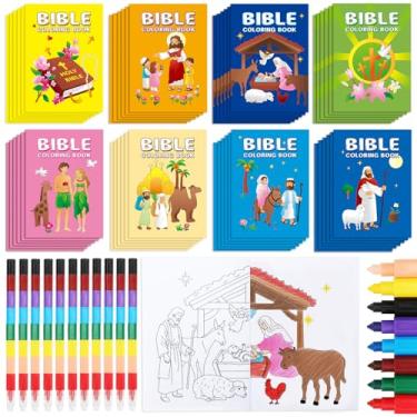 Imagem de Zealor Mini livro de colorir cristão com 48 giz de cera, livro de atividades da Bíblia religiosa, livro de colorir, faça você mesmo, lembrancinha de festa de Jesus para operação de Páscoa, caixa de