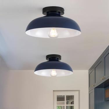 Imagem de Pacote com 2 luminárias de teto de metal de 30,5 cm com montagem semiembutida industrial pequenas luzes de teto de cozinha luminárias de teto com sombra azul marinho para corredor, entrada, quarto