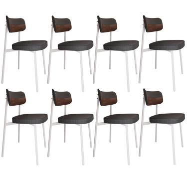 Imagem de Kit 08 Cadeiras Estofada Para Sala de Jantar Astrid Branco C01 Linho Preto Courino Whisky - Lyam Decor