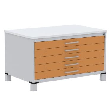 Imagem de Mapoteca 5 Gavetas Pandin 120 Cm (larg) Inmetro Tampo Mdp Branco Estrutura Aço Cinza Gaveta Laranja