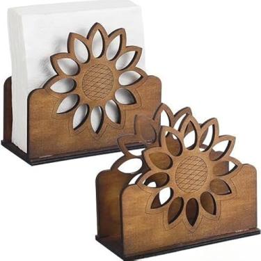 Imagem de Suporte de guardanapo rústico de girassol | Suporte dispensador de guardanapo de madeira para decoração de cozinha e mesa de jantar de fazenda