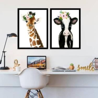 Imagem de Kit 2 Quadros Animais Girafinha E Vaquinha 33X24 Vidro Preta
