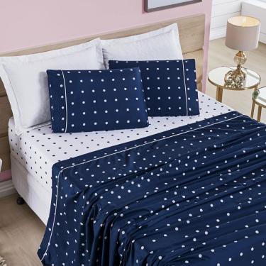 Imagem de Jogo Cama Lençol Meggy Poá Casal Padrão Bolinhas Micropercal 200 Fios 4 Peças - Azul Marinho