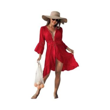 Imagem de Kimono Longo Boho De Verão Com Renda E Crochê, Blusa Aberta Na Frente 