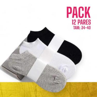 Imagem de Kit 12 Pares Meia Algodão Soquete Cano Baixo Feminina Branca Preta 34-