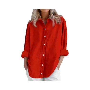Imagem de Camisa Casual Feminina De Algodão E Linho Manga Longa Cor Sólida Com B