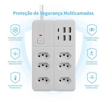 Imagem de Extensão 6 Tomadas 4 Usb 2 Type-c Proteção Infantil Bivolt WKC-HY502-WD