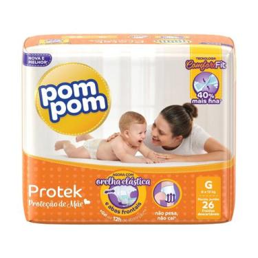 Imagem de Fralda Infantil Pom Pom Mamãe/Derma Protek, 1 pacote, G, 26 unidades