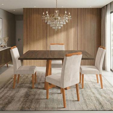 Imagem de Mesa Jantar Isabela 1,2m Freijó Pés Cerejeira 4 Cadeiras Heloísa Almofadada - Bege Veludo