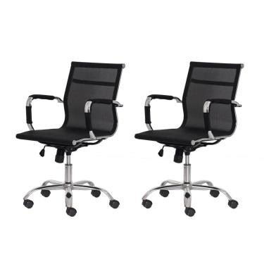 Imagem de Kit 2 Cadeiras Escritório Mesh Diretor Preta Base Giratória Cromada Altura Ajustável