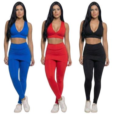 Imagem de KIT 3 Conjunto Top Bojo e Calça Saia Bella Fiore Tapa Bumbum Roupa Para Academia Fitnes...