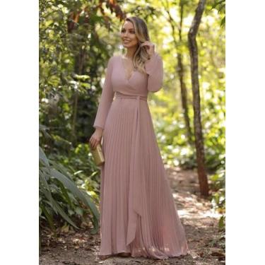 Imagem de Vestido Beje Madrinha Manga Longa, Com Brilho Luxo Tam G, Para Festa  