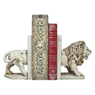 Imagem de Kit 2 Aparadores De Livros Leão Decoração Resina Branco Bege - M3 Deco