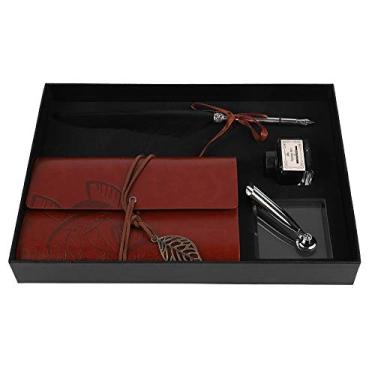 Imagem de Zopsc Caderno de couro retrô com caneta-tinteiro com tinta para caneta, conjunto de canetas de pena para caligrafia, caderno de couro, caneta pena para presente (vermelho) (preto)