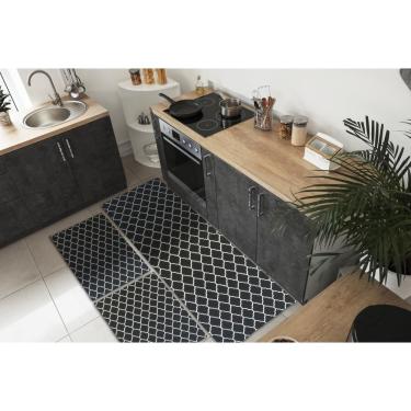 Imagem de Kit Tapetes e Passadeira De Cozinha 3 Peças Antiderrapante Arabesco Geométrico Preto e Branco