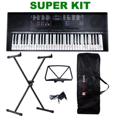 Imagem de Kit Teclado Musical Estudante Spring TC 261 61 Teclas + Suporte em X + Capa + Fonte + Suporte Partituras