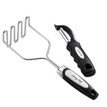 Imagem de Spring Chef Espremedor de batatas de aço inoxidável com descascador de legumes premium, espremedor de purê de batata - Ferramenta de cozinha com alça macia antiderrapante, espremedor de alimentos de