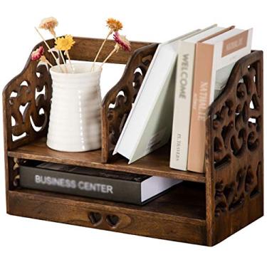 Imagem de KIZQYN Estante de livros para mesa retrô estante de armazenamento estante para arquivos de escritório rack de arquivos de três camadas estante independente (marrom)