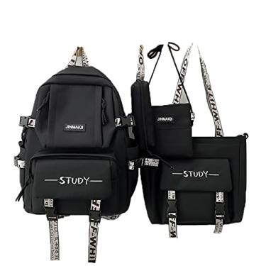 Imagem de Conjunto de mochila de casal 4 em 1 Harajuku mochila de viagem ao ar livre bolsa de lona de grande capacidade com bolsa de moedas, estojo, preto, 43 * 30 cm