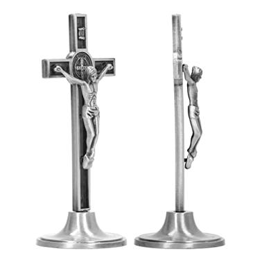 Imagem de Crucifixo de cruz para parede e mesa, crucifixo católico vertical, cruz cristã, altar de mesa, com base removível (prata)