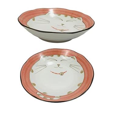 Imagem de Tigela de sopa japonesa de porcelana japonesa, tigela de pho, tigela de ramen, feita no Japão, estampa de gato sorridente Maneki Neko (2, tigela 21,5 cm)